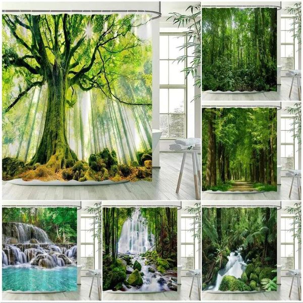 Cortinas de chuveiro floresta paisagem tropical selva árvores cachoeira natureza cenário casa jardim parede pendurado cortina do banheiro decoração