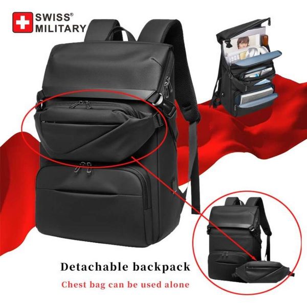 Mochila destacável suíça de negócios, mochila de computador à prova d'água para viagem, urbana, masculina, bolsa crossbody