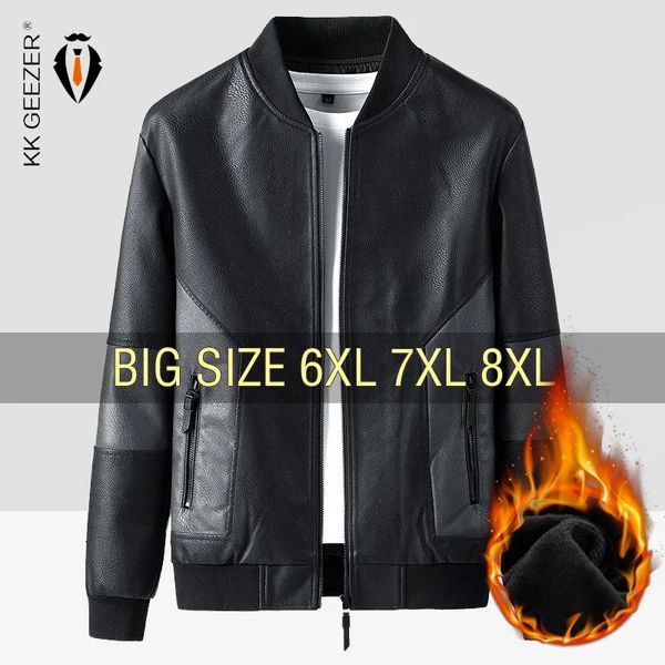 Jaqueta de couro de inverno masculina bomber velo oversize jaquetas de motocicleta plus size 6xl 7xl 8xl casaco de flanela quente preto masculino 240320