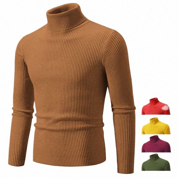 autunno inverno nuovo maglione collo alto da uomo tinta unita pullover lavorato a maglia stretto caldo top dolcevita casual versatile interno abbinato p3D8 #