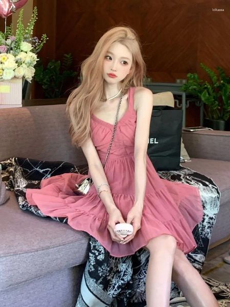 Lässige Kleider Rosa ärmelloses Sommerkleid A-Linie V-Ausschnitt Solid Korean Style Fashion Party Fairy Princess 2024