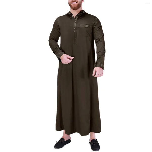 Abbigliamento etnico Moda musulmana Uomini islamici Jubba Thobes Arabo marocchino Caftano Abaya Abiti lunghi solidi Eid Ramadan Abito da preghiera Camicetta