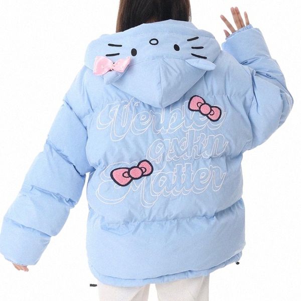 Japonês Doce Bonito Gato Carta Bordado Parkas Casaco Adolescente Estudantes Carto Jaqueta Com Capuz Engrossar Cott Quente Roupas de Inverno J9Bk #