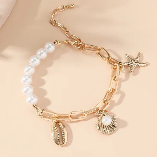 Charme Pulseiras Vintage Shell Conch Starfish Pingente Pulseira para Mulheres Bohemian Beach Imitação Pérola Chunky Chain Verão Jóias