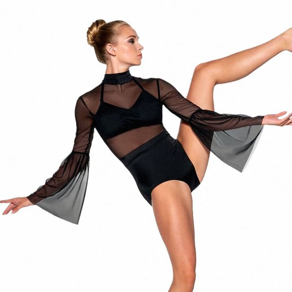 Collant de dança moderna com mangas de chifre Strapy Back Ginástica Outfit Jazz Lyrical Dres Ballet Stage Dance Costume c9Vi #