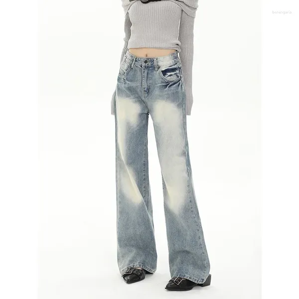 Damen Jeans Hohe Qualität Gerade Beinhose Frauen Gewaschene Taille Y2k Pantalon Vintage Mujer Lässige Hellblaue Denimhose