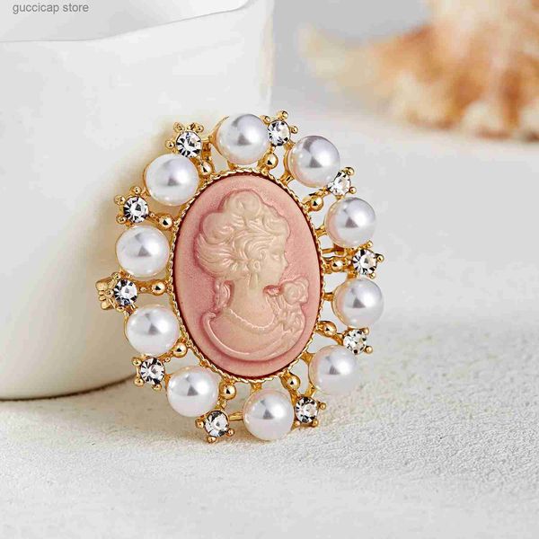 Pins Broschen Strass Trendige Brosche Pins Malerei Aushöhlen Blume Vintage Stil Cameo Schönheit Kopf Brosche Hemd Schal Schmuck Zubehör Y240329