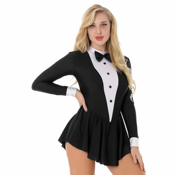 Womens Tuxedo Waitr Cosplay Outfit Gioco di ruolo Costume Bowknot Butt Lg Manica Ruffle Dr Ginnastica Balletto Dancewear V31I #