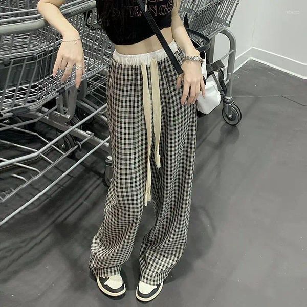 Calças femininas casuais xadrez para mulheres y2k streetwear harajuku vintage sweatpants perna larga calças de moda coreana 90s estética