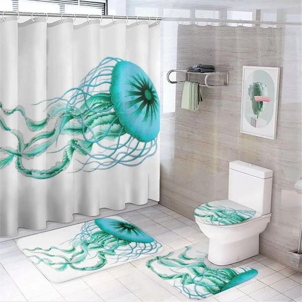 Cortinas de chuveiro Cyan Jellyfish Impresso Cortina Moderna Antiderrapante Tapete Impermeável Poliéster Decoração de Casa 180x180