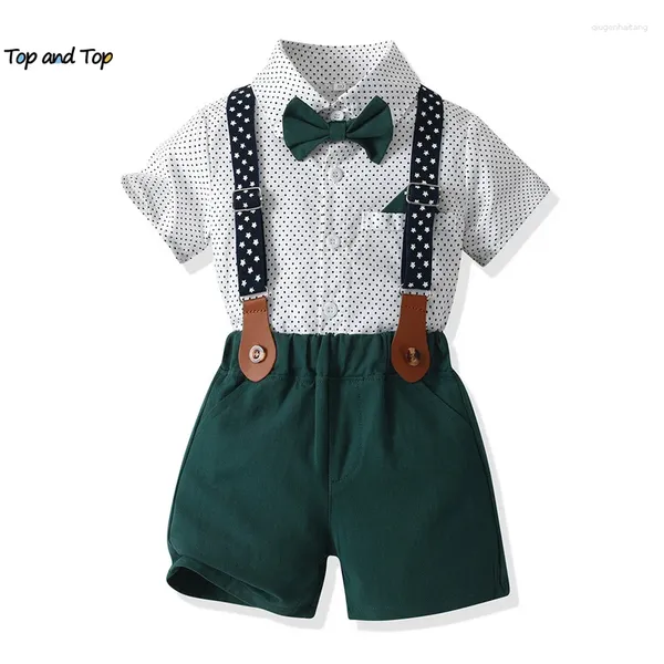 Conjuntos de roupas Top e Verão Crianças Meninos Cavalheiro Manga Curta Bowtie Camisas Suspensórios Shorts Criança Vestido Ternos