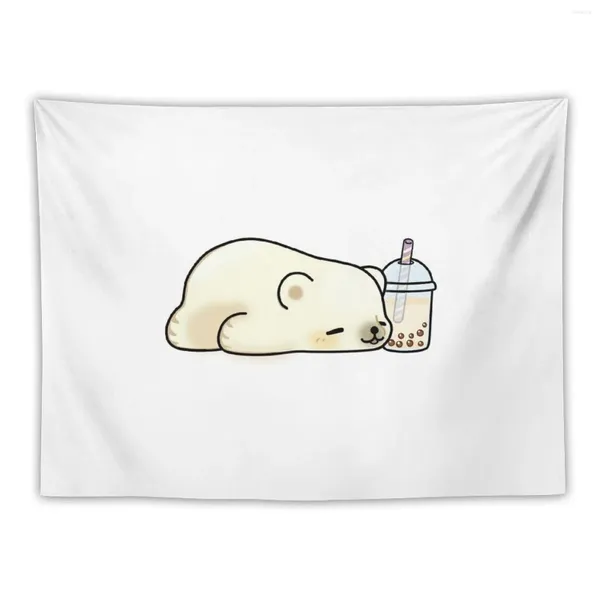 Гобелены «Маленький белый медвежонок», расслабляющийся с чаем Боба, гобелен, декор для спальни, украшения для комнаты