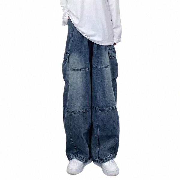 Мужские широкие брюки с карманами, прямые широкие мешковатые джинсы, мужские уличные джинсовые брюки-джоггеры, винтажные джинсы в стиле хип-хоп Y2K, l5us #