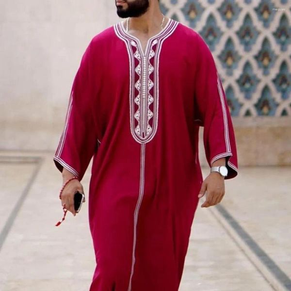 Roupas étnicas 2024 Primavera Vinho Estilo Vermelho Homens Long Museu Robe Pulôver Abaya Homme Musulman Islam Kaftan Árabe Vestido Homens Muçulmanos