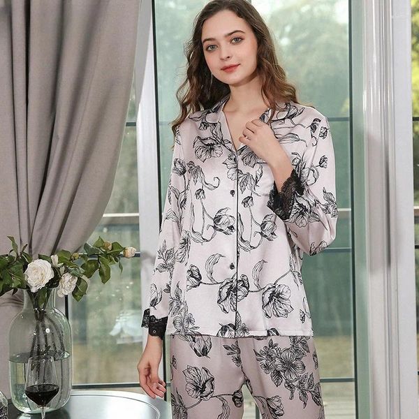 Kadınların Pijama Çiçek İpek Saten Pijamaları Uzun Kollu Salon Giyim Sonbahar Kış Düğmesi Up Lady için