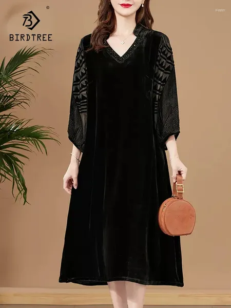 Casual Kleider BirdTree Echte Seide Elegante Samt Für Frauen Laterne Hülse Lose Vintage Temperament Kleid 2024 Sommer D42276QC