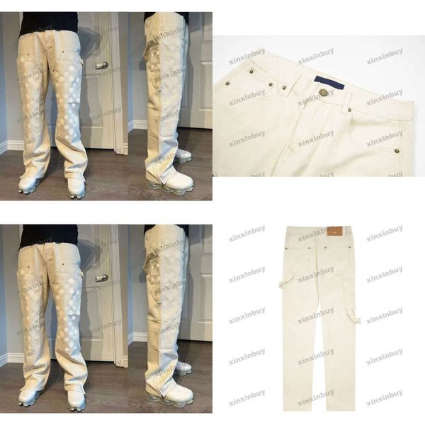 Xinxinbuy erkek kadın tasarımcı pantolon denim em jakard kumaş bahar yaz pamuklu gündelik pantolon mektup khaki gri kayısı siyah m-2xl2024