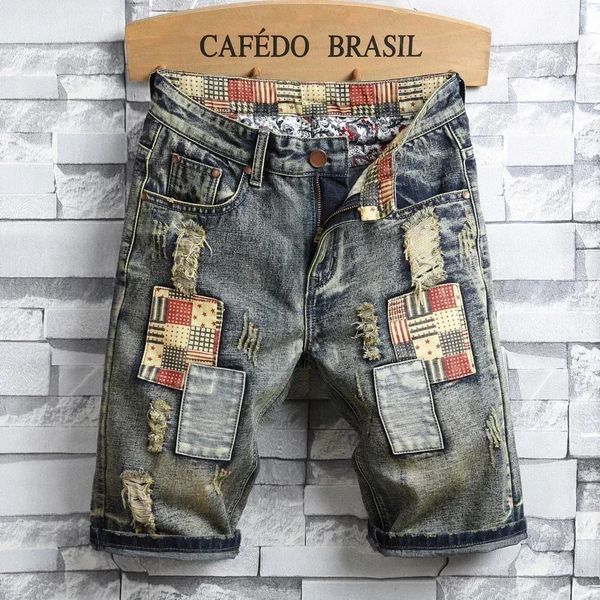 Rasgado calças de brim curtas homens vintage denim shorts buraco reto remendo xadrez hip hop moda na altura do joelho calças streetwear 240327