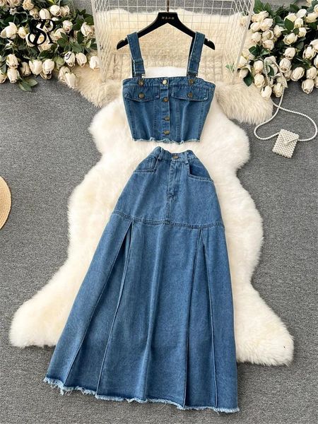 Vestidos de trabalho singiny estilo coreano ins denim ternos cintas cortadas tops longos plissados ​​uma linha saia feminina moda streetwear duas peças conjuntos