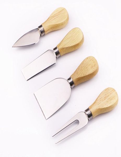 Clephan 4 peças conjunto de madeira de carvalho com cabo de madeira faca garfo pá kit de aço inoxidável raladores espalhadores de manteiga para corte ferramenta de tabuleiro de queijo 1246704