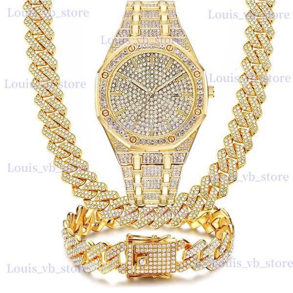 Outros relógios 3pcs es para homens mulheres casal calendário luxo wist colar pulseira conjunto de jóias bling ouro prata diamante cubana corrente t240329