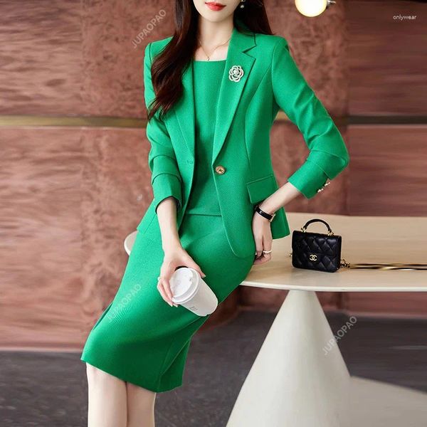 Vestido de duas peças de alta qualidade outono inverno escritório senhoras saia terno blazer preto roxo verde mulheres negócios trabalho wear conjunto formal