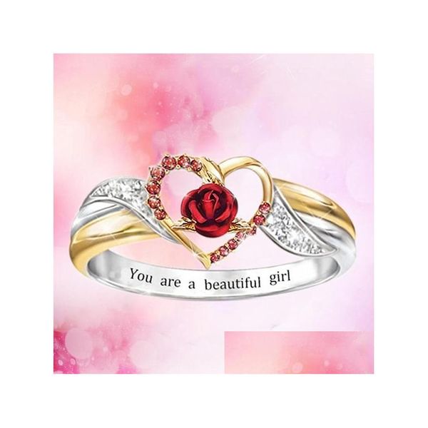 Con pietre laterali Isang New Fashion Sier Gold Two Tone Love Heart Anello Sei una bella ragazza Amante della rosa rossa Gioielli di San Valentino Dr Dhip1