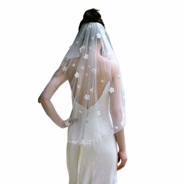 Topqueen 3D floreale velo corto elegante velo da sposa super morbido velo di perle accessori da sposa con pettine per capelli V80 u2AI #