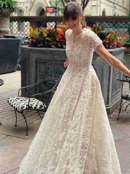 Urban Sexy Kleider Bohemia Vintage Hochzeit O-Ausschnitt mit kurzen Ärmeln Brautkleider Spitzenapplikationen A-Linie Roben bodenlang Vestidos De Novia yq240329