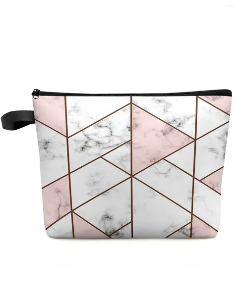 Borse per cosmetici Texture in marmo bianco Borsa per trucco triangolare rosa Custodia da viaggio Elementi essenziali per la toilette da donna Astuccio per riporre le matite