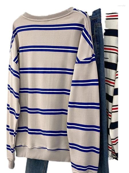 Mulheres camisetas 2024 moda estilo coreano simples cor bloco largo top mulheres carta adesivo algodão manga longa casual base camisa primavera tops