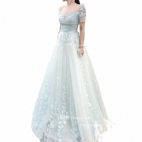 Oloey Fee Hellblau Tüll Prom Dres Korea Dame Kurze Ärmel 3D Frs Hochzeit Fotoshooting Abendkleider Garten Party Q8gm #