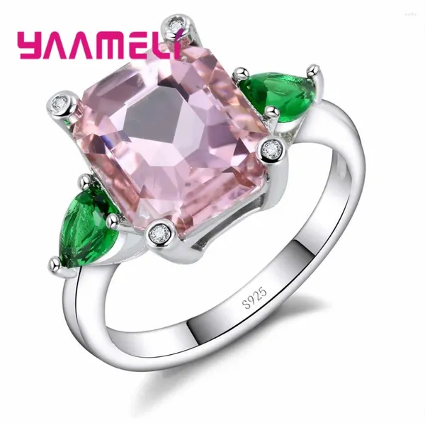 Anelli a grappolo Marca Foglia verde Forma di fiore Cristallo Pietra rosa Dolce stile romantico Argento sterling 925 per regalo per ragazza