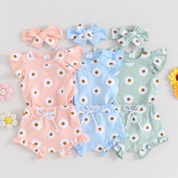 Kleidungssets Baby Mädchen 3-teiliges Kleidungsset Gänseblümchenmuster Strampler Tops Rüschen elastische Shorts Stirnband Sommer Mädchen Blumen Outfits