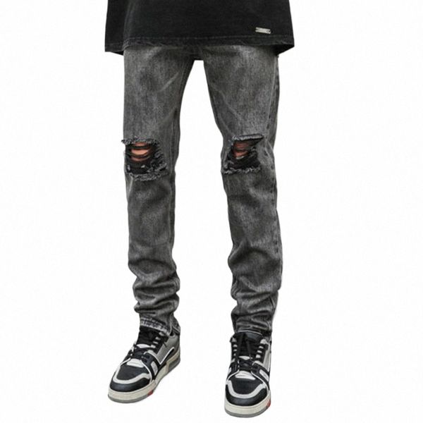 Джинсы скинни Мужские рваные облегающие джинсовые брюки Серые стрейч-пэчворк Хип-хоп Уличная одежда Мужская одежда Мото-джинсы Мужские X4sb #