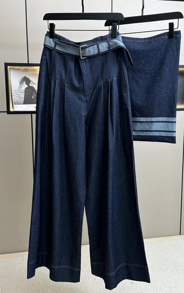 Kadın Kotları 2024 Sonbahar/Kış Derin Mavi Kemer Yüksek Bel Gevşek Kadın Geniş Bacaklı Pantolon