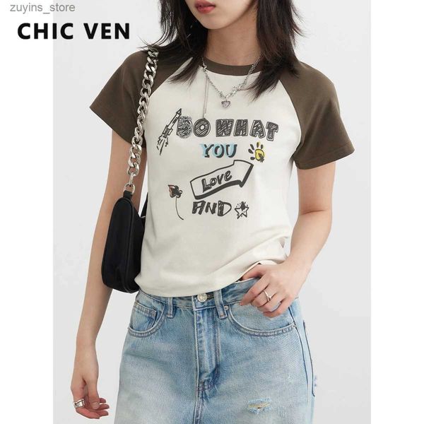 Camiseta feminina chique ven verão tops para mulheres casual vintage contraste carta impressão manga curta camisetas femininas moda coreana novo 202324329