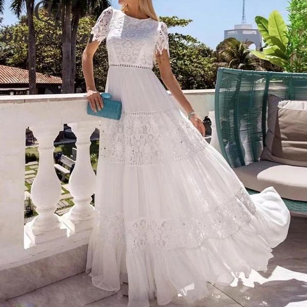 Abiti da festa QHZ Designer estivo Moda Donna Vacanza Maxi abito in pizzo ricamato con giunture bianche eleganti lunghe