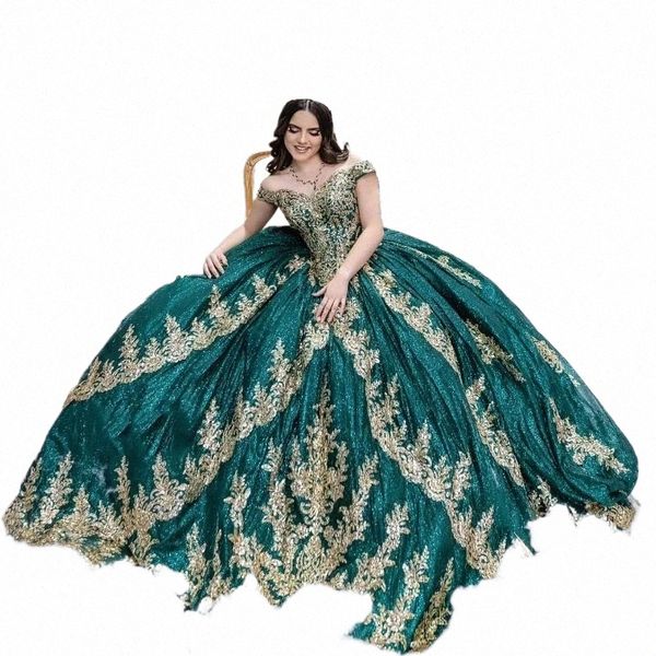 Verde esmeralda Quinceanera Dres Doce 15 Dr Alças Ouro Applique Frisado Vestidos de 16 Prom Vestido de Baile Partido Wear h9gF #