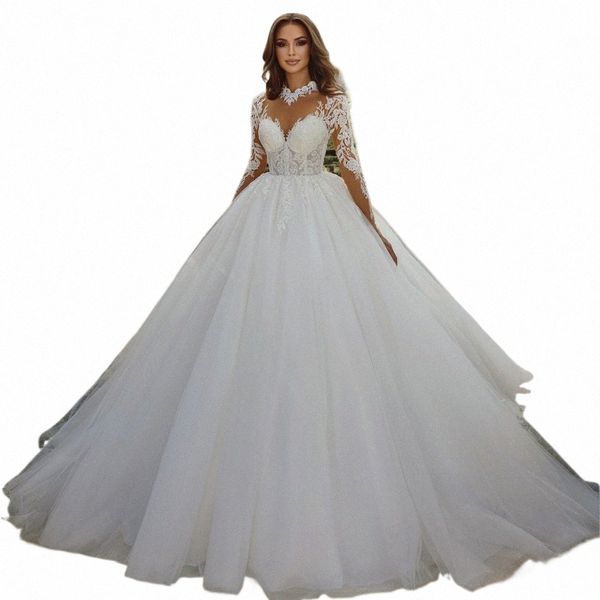 liyuke Elegantes seidiges Organza-Ballkleid-Hochzeitskleid mit Perlenstickerei und Applikationen, hoher Kragen, volle Ärmel, Brautröcke n2Ui #