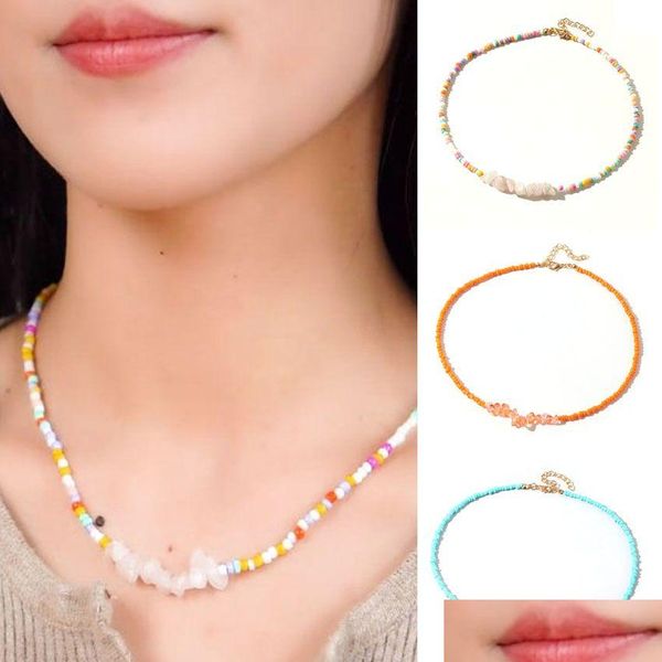 Colares frisados ​​Colorf Seed Beads Chocker Boho Rainbow Bead Colar Natural Gemstone Turquesa Ametista Pedra Summer Beach Travel Je Dhqfm