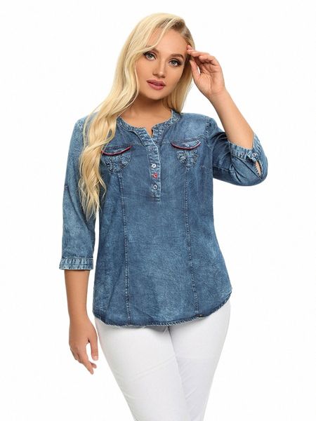 Mulheres Plus Size Denim Camisa Primavera Fi Camisa Elegante Para Chubby Mulheres Tecido Cott Camisa C7Vy #