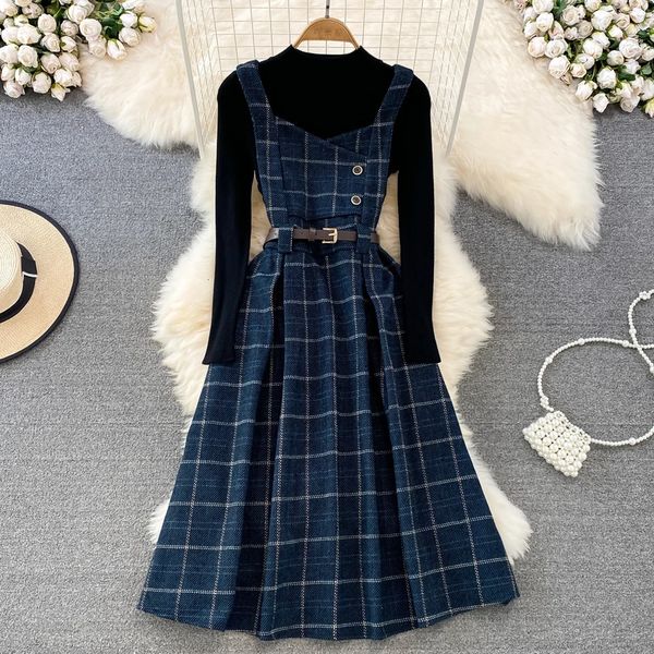 Vintage coreano conjunto de duas peças vestido feminino outono inverno xadrez de lã cinta espaguete com cinto longo vestido de verão 240329