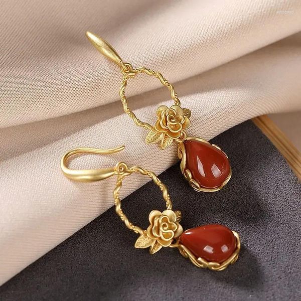 Ohrhänger, Designer, Original, antikes Gold, Handwerkskunst, eingelegte südländische rote Turmalin-Pfingstrosen-Blume, luxuriöser Damen-Silberschmuck