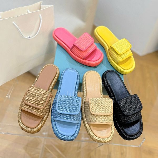 Ferienstil Flatplattform Frauen Häkeln gewebt dicker Sohle Slipper Sandalen Strickstroh MUELS Pantoffeln Luxusdesigner Ladie Casual Beach Flat Schuhe Pantoffeln