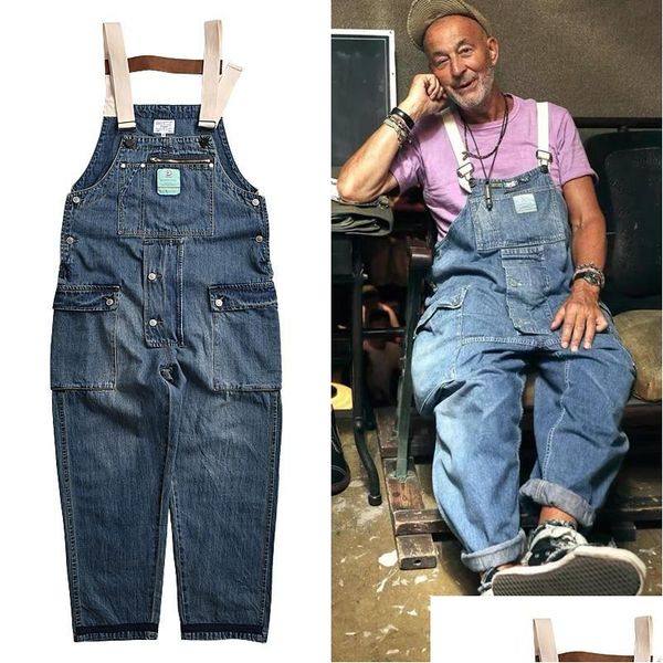 Erkek kot erkekler öldü mavi denim tulumlar iş kargo pantolonları eski okul kolay şık işçi mti-pocket bib pantolonlar erkekler rahat baba de dhqbu