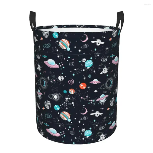 Çamaşır çantaları uzay galaksi uzay gemisi sepeti katlanabilir evren gezegen roket kıyafetleri bebek çocuklar için oyuncak depolama çantası için engel