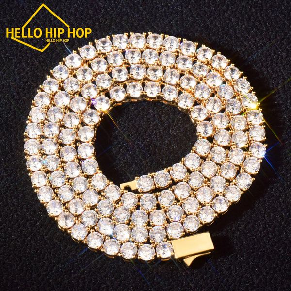 Olá hip-hop 4mm corrente de tênis com fecho de mola cor dourada uma fileira de zircão colar link para homens mulheres joias de hip hop