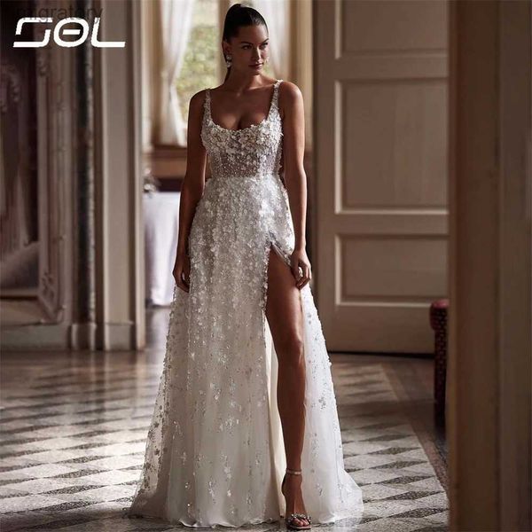 Vestidos sexy urbanos sol elegante 3d rendas apliques cintas de espaguete gola quadrada casamento sem costas a linha vestidos de noiva de novia yq240329