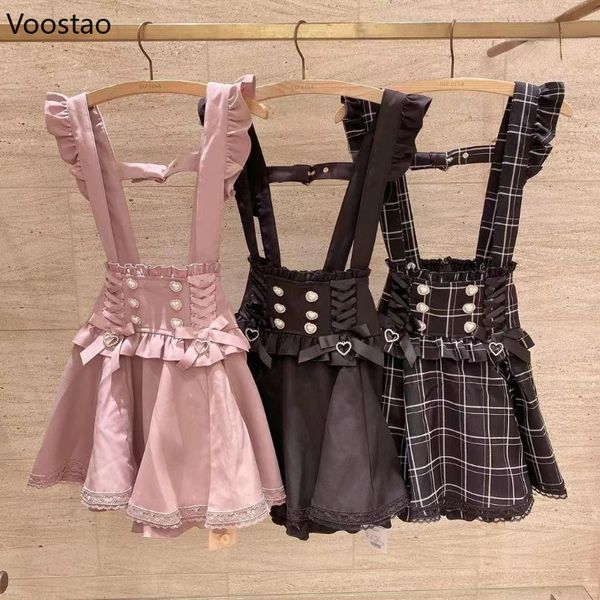 Japanische Gothic-Lolita-Bandschleife, Diamant-Perlenschnalle, abnehmbarer kurzer Hosenträgerrock, süße, niedliche Spitzen-A-Linien-Miniröcke für Mädchen 240315